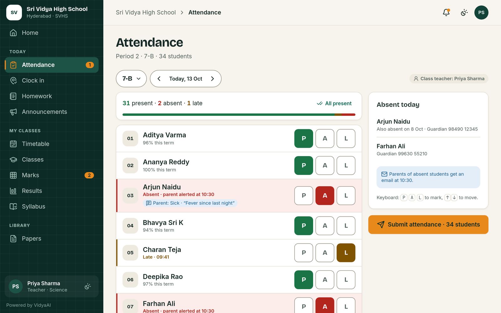VidyaAI attendance register for class 7-B with present, absent and late buttons per student and an absent-today summary