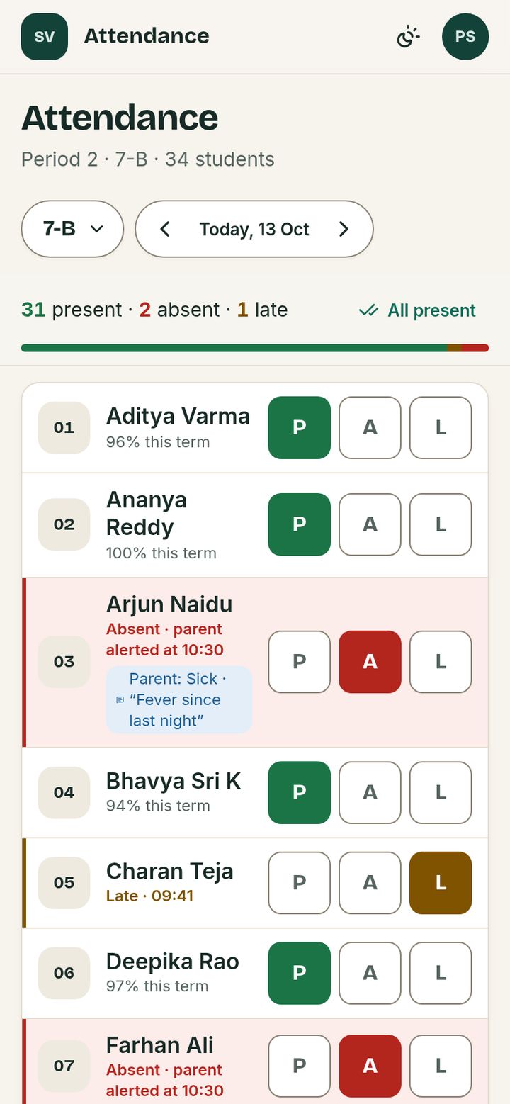 VidyaAI attendance register on a small screen with one-tap present, absent and late buttons per student