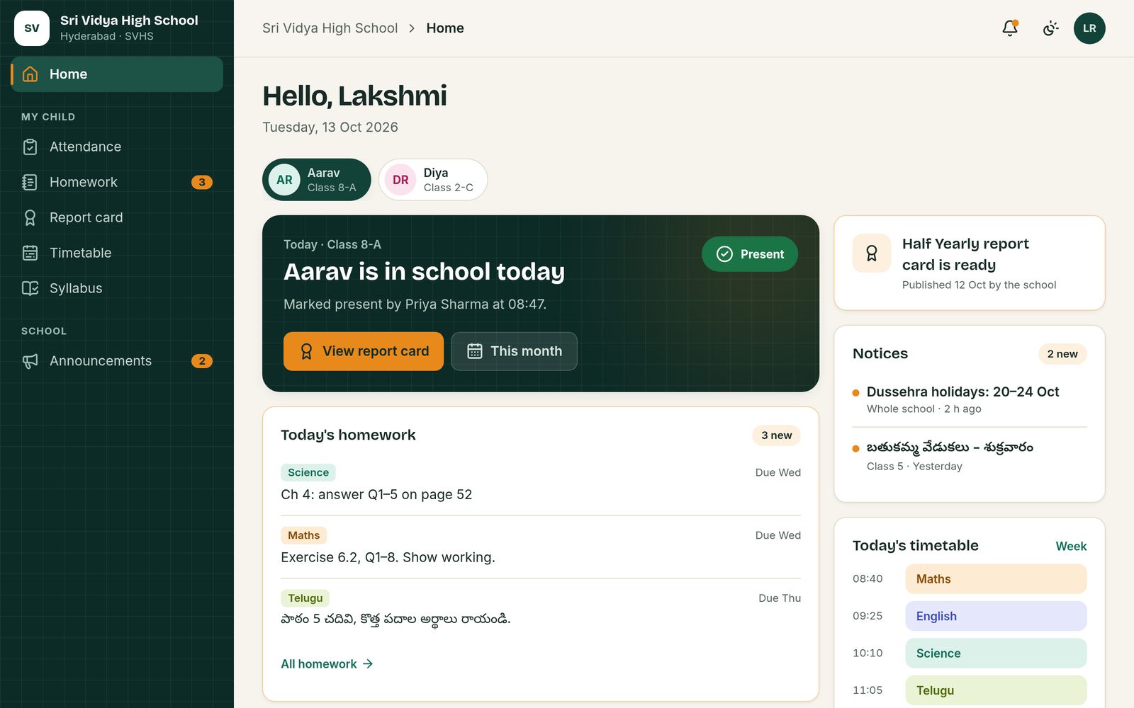 VidyaAI parent home on a large screen: the child is present today, with homework due and a report card link