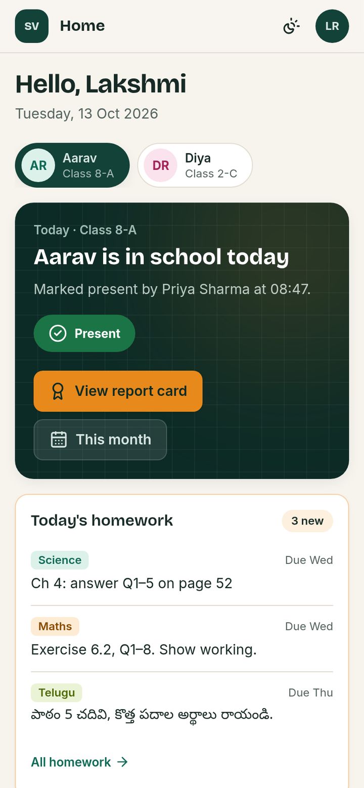 VidyaAI parent home on a small screen: today's attendance and homework due this week