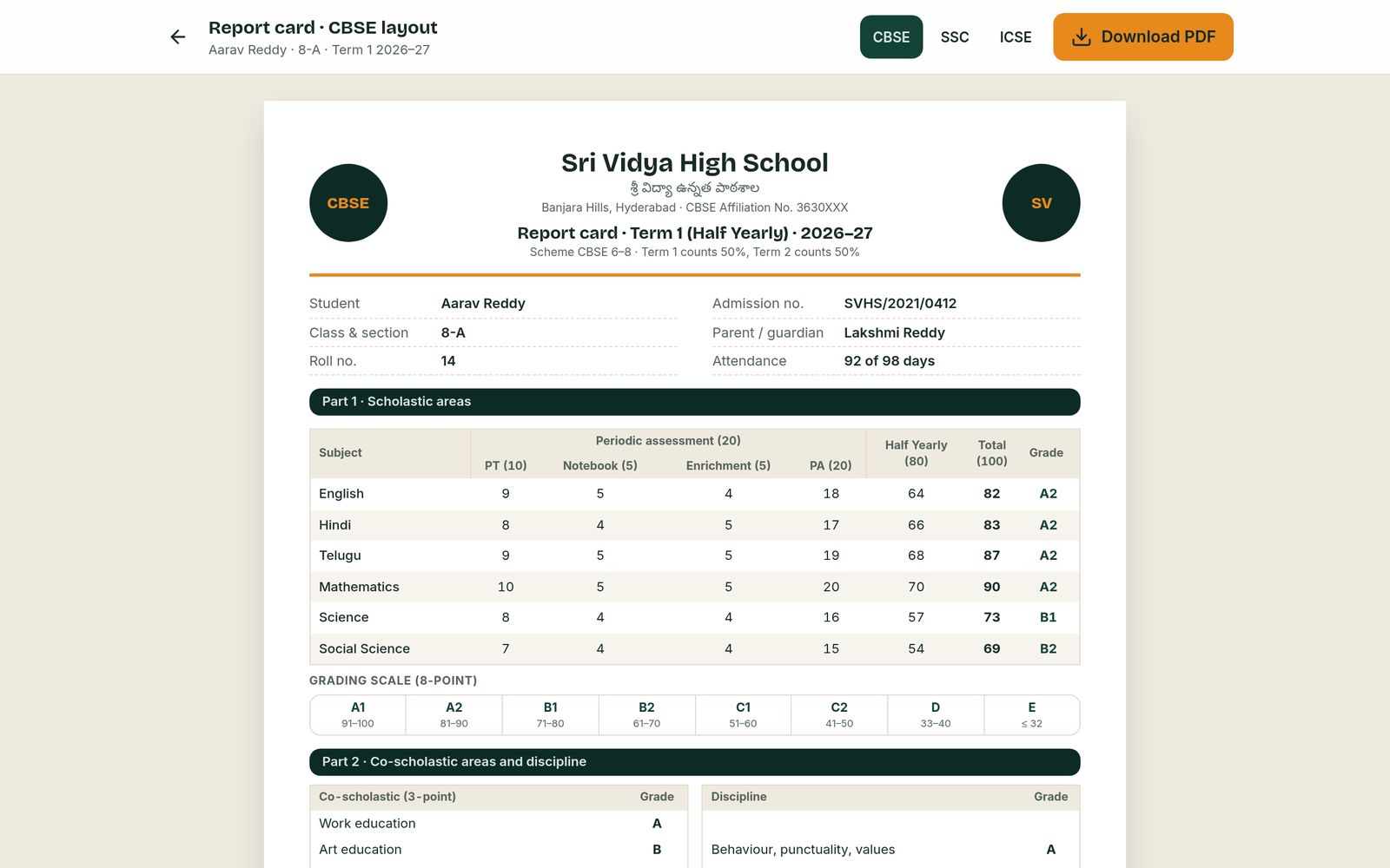 VidyaAI CBSE report card for a Class 8 student with scholastic marks, grading scale and co-scholastic grades