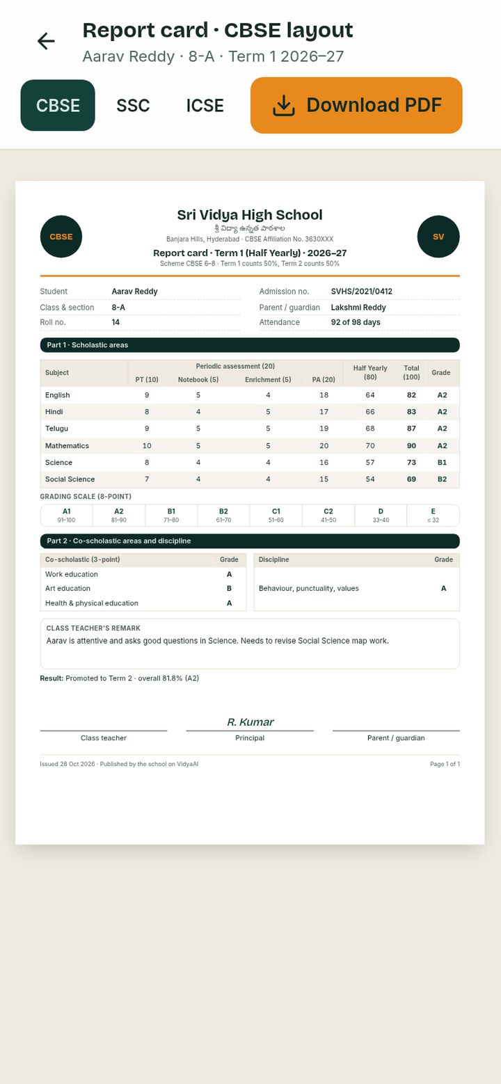 VidyaAI CBSE report card shown on a small screen with board layout options