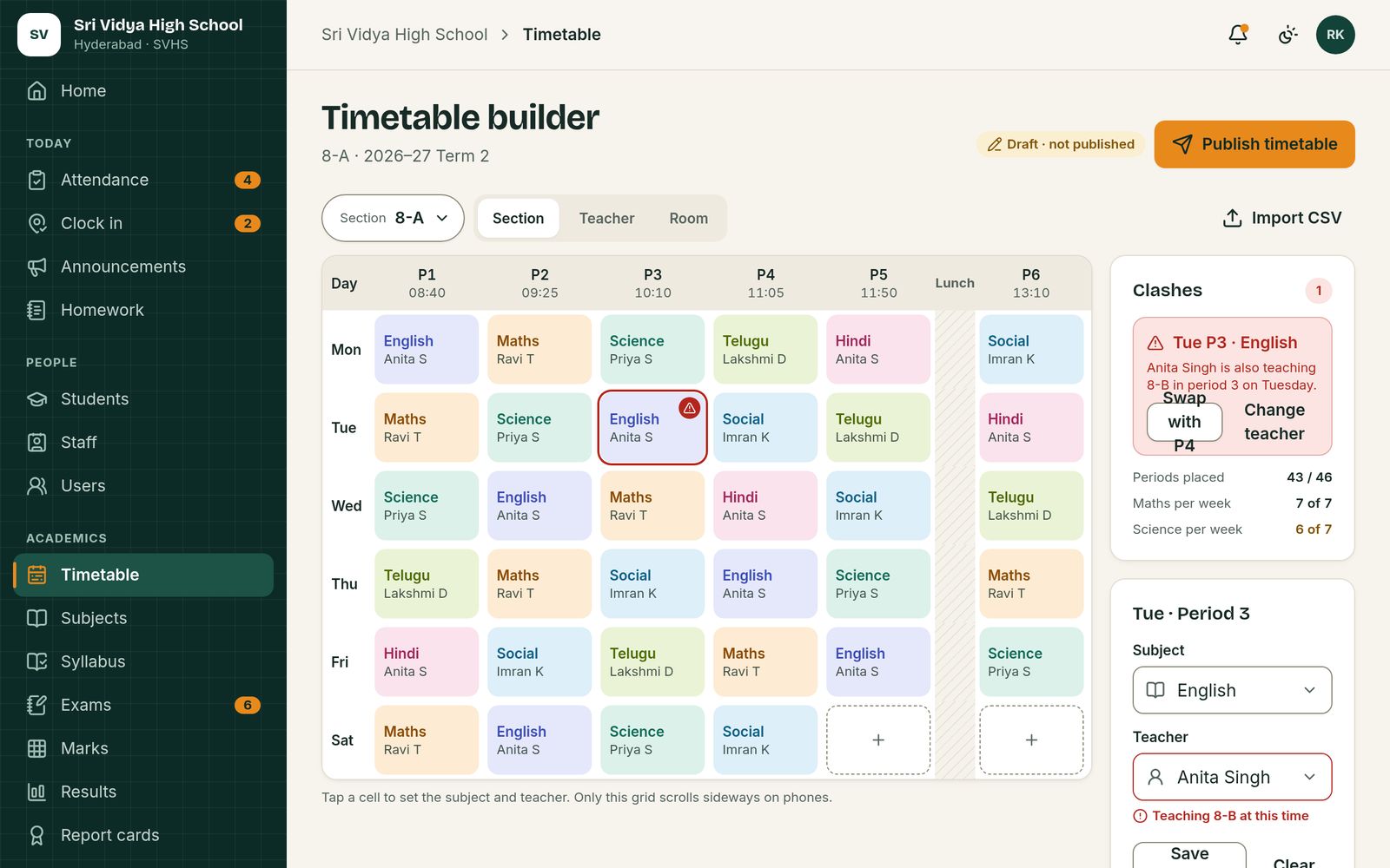 VidyaAI timetable builder for section 8-A showing the weekly grid and a teacher clash flagged for Tuesday period 3